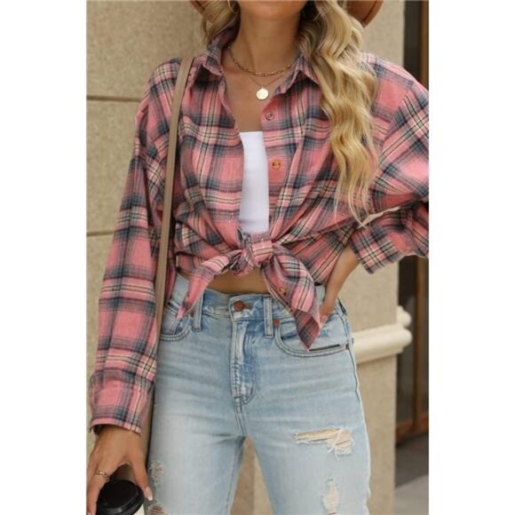 Womens Button Down Flannel Shirts Long Sleeve Plaid Shackets Business - Picture 2 of 7